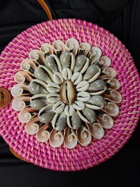 Tamsy Handmade Pink Round Rattan Crossbody Bag Purse Shell Flower Boho Beach